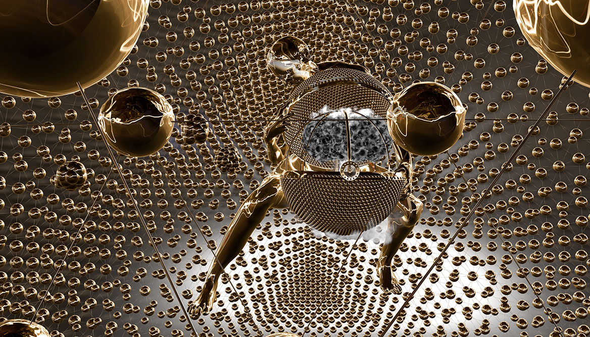 Digitalkunst. Frontalansicht des Engels. Aus der Büchse der Pandora entweicht der Rauch des Atompilzes. Diagonale Linien teilen die Komposition in Felder auf.